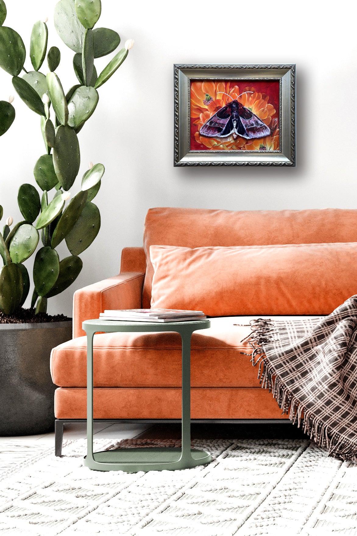 &#39;Passion&#39; arcigera flower moth orange cactus flower painting in silver frame on wall