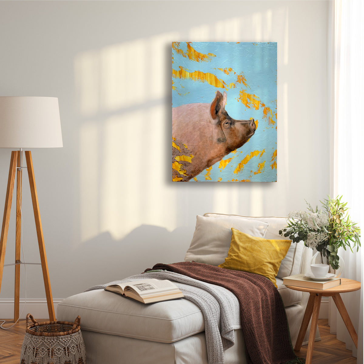 pig painting hanging on wall