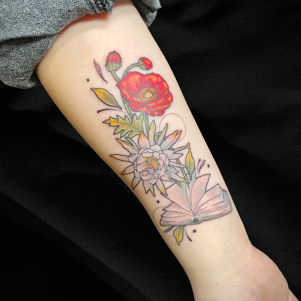 poppy book tattoo by Cass Brown