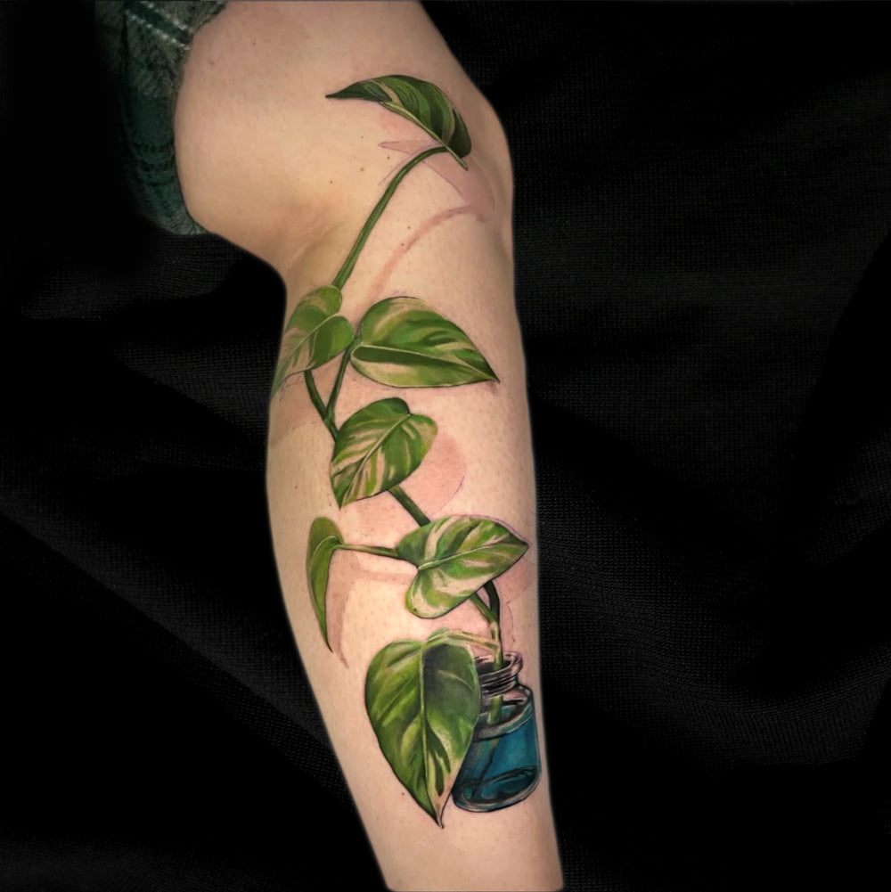 color pothos plant tattoo coverup by Cass Brown
