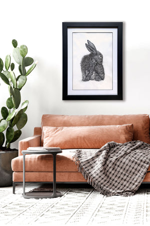 rabbit charcoal drawing hanging over sofa