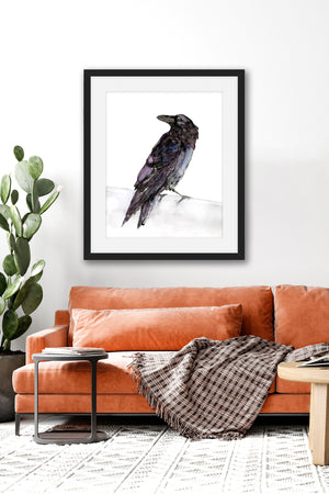 raven watercolor art print framed on wall