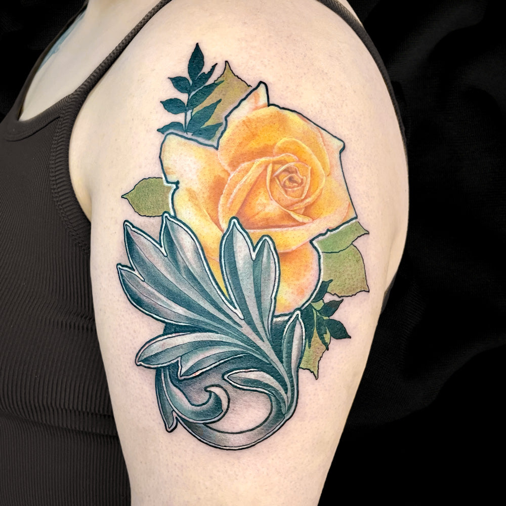hybrid realism yellow rose tattoo by Cass Brown
