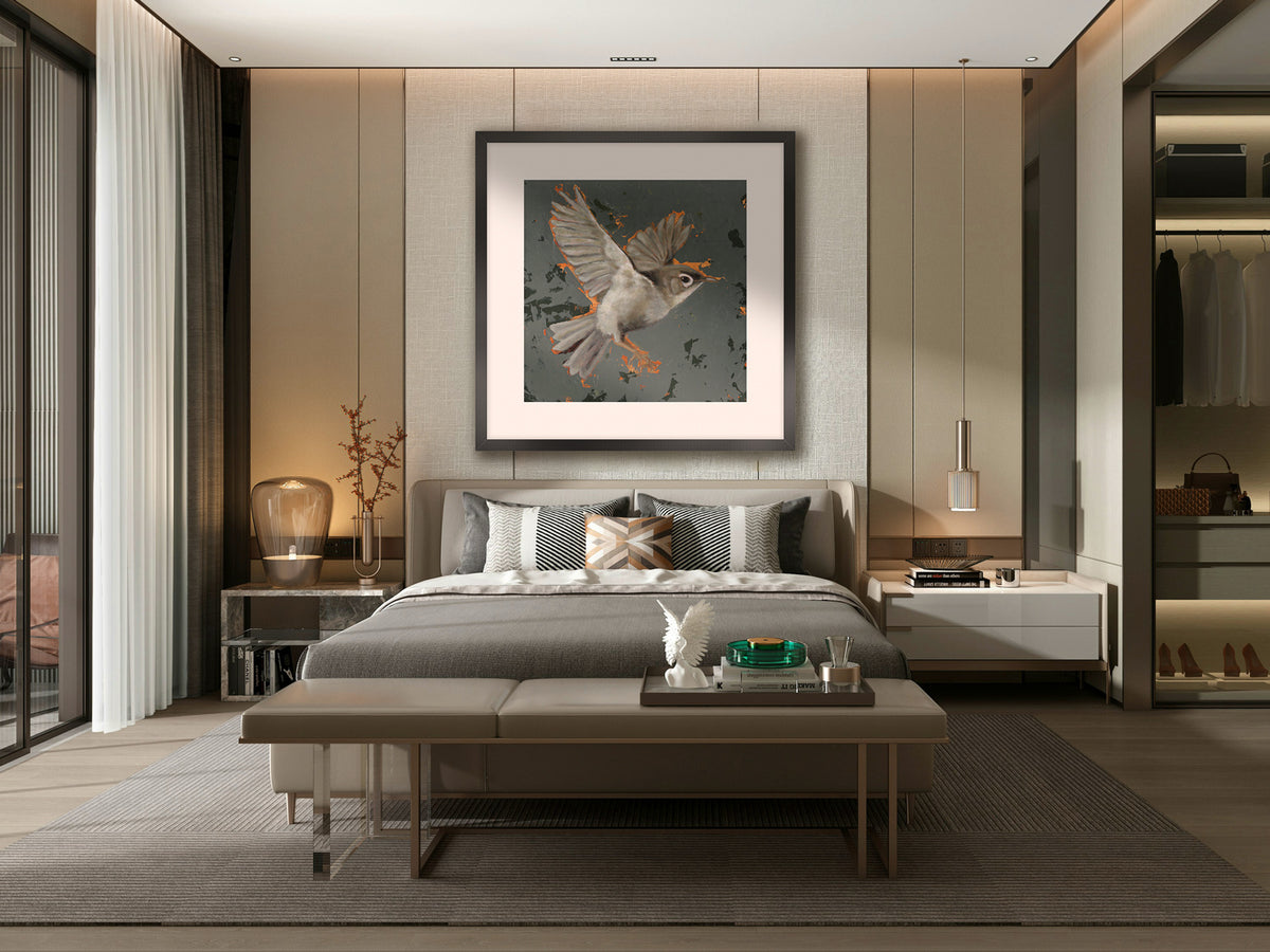 flying bird art print on bedroom wall