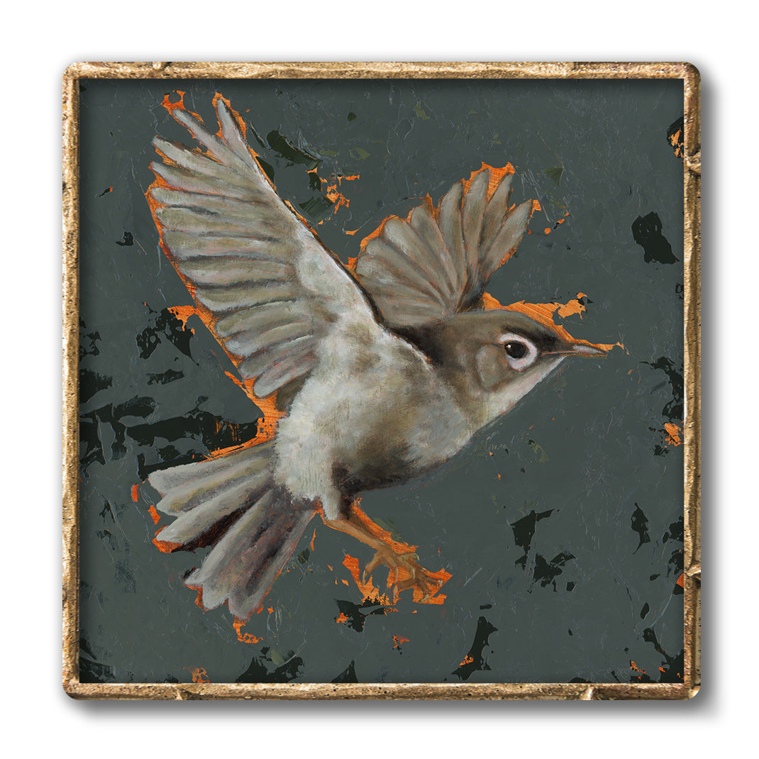 gray flying bird art print in gold frame