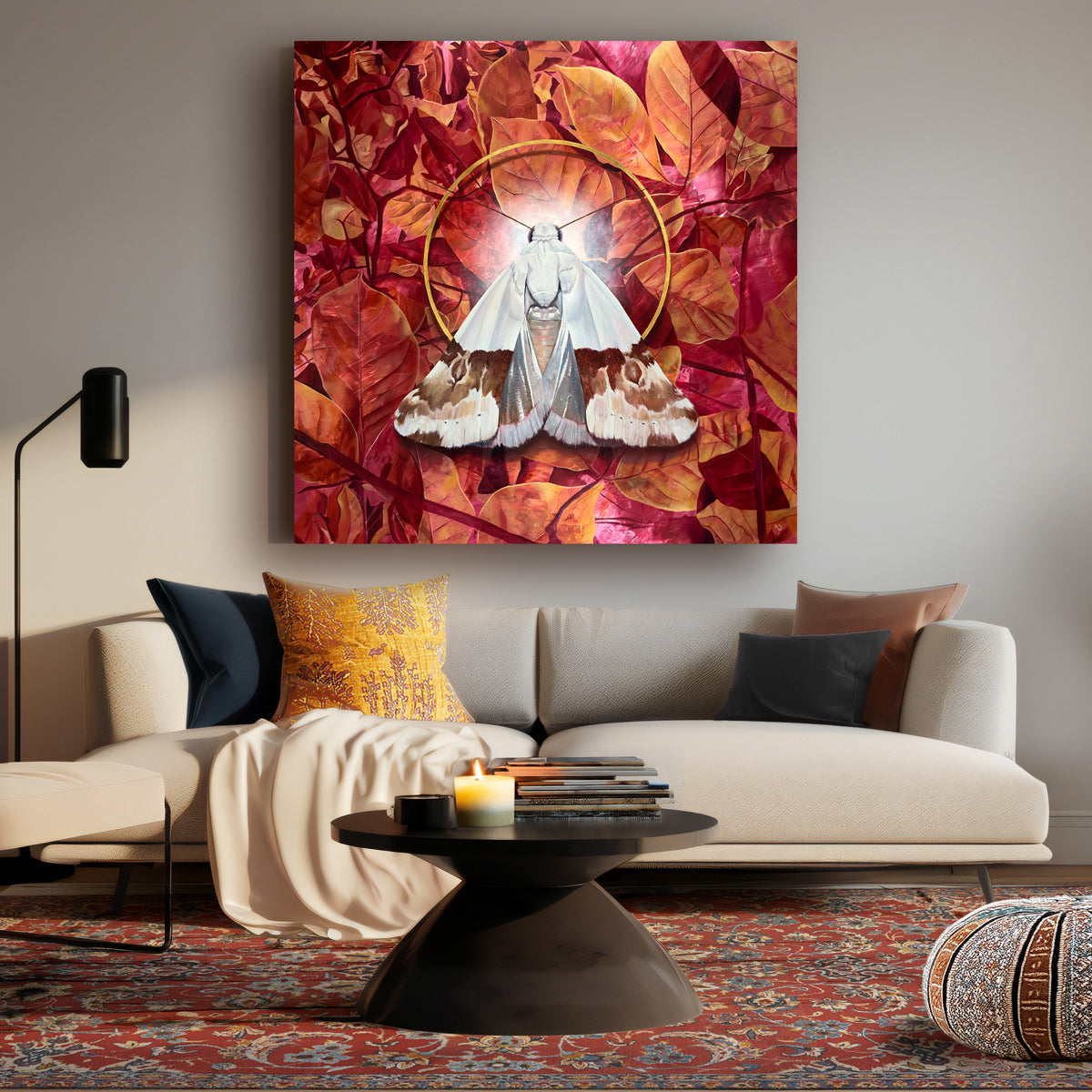 recollection large colorful moth painting on wall
