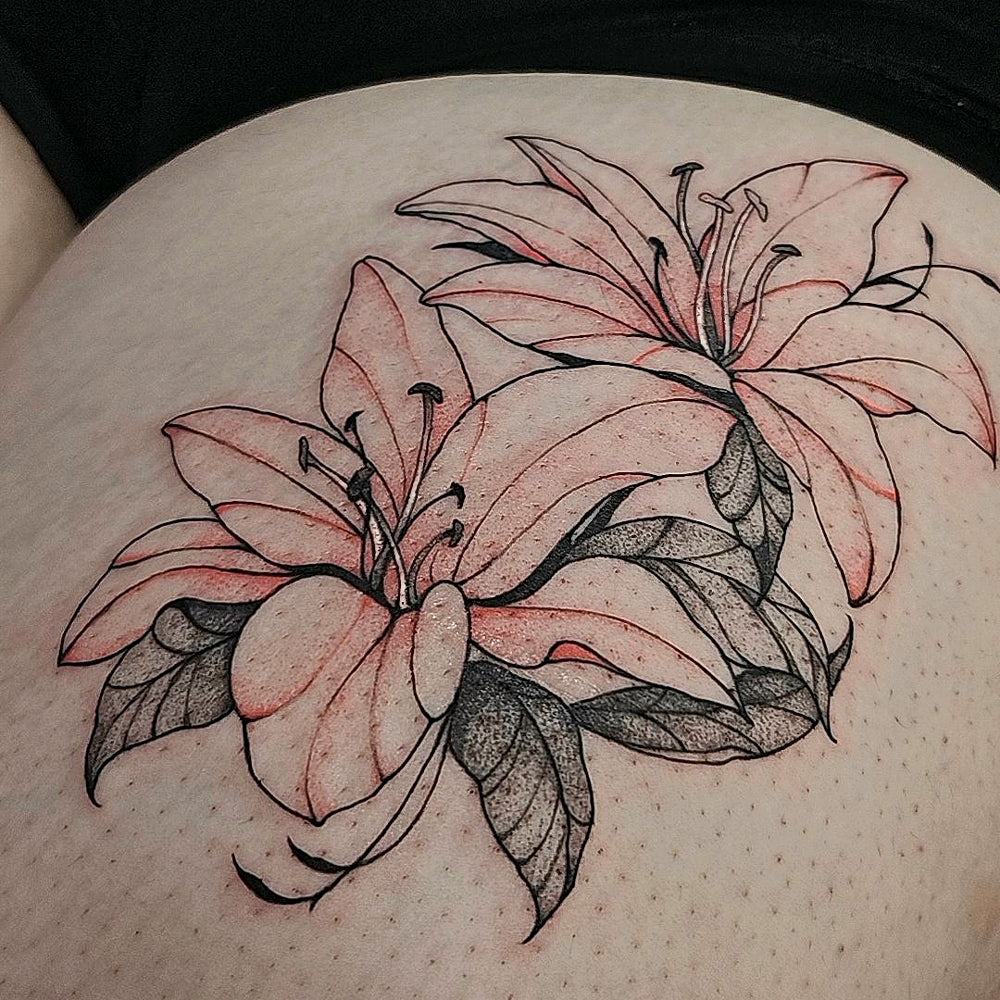 red lily tattoo by Mary Kuzmin