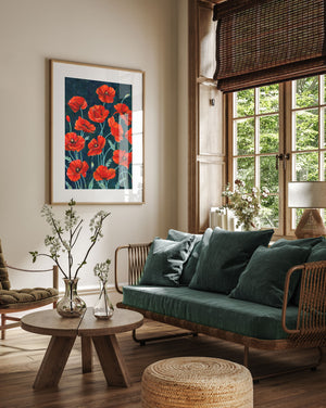 red poppies art print framed on wall