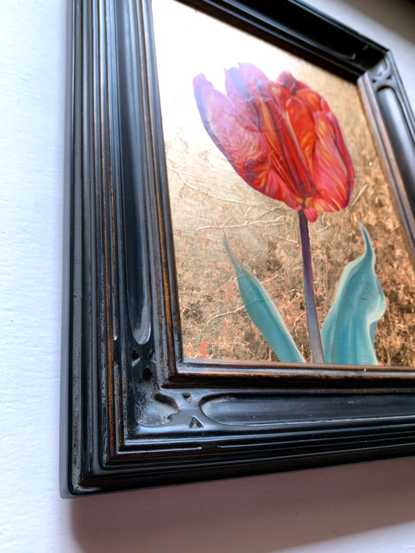 red tulip painting gold leaf black frame detail