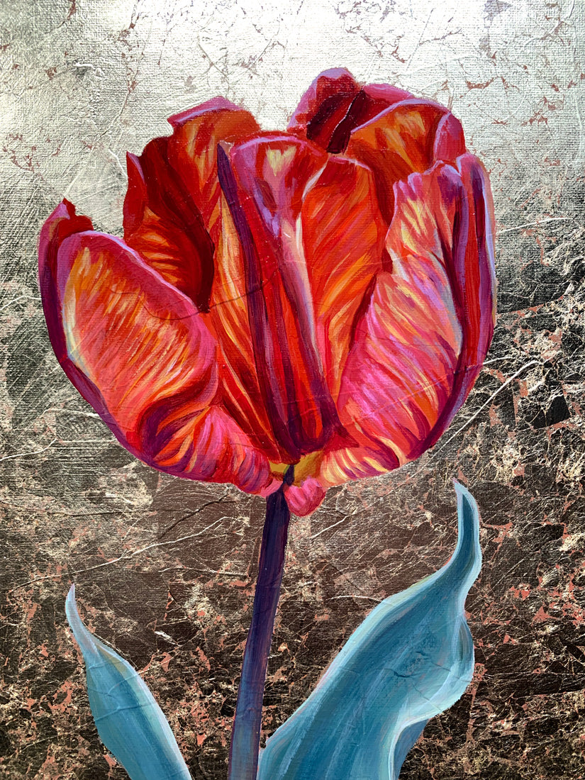 red tulip painting with gold leaf detail