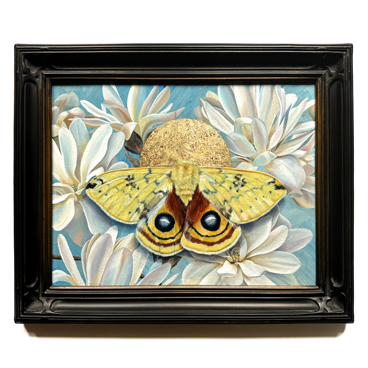 Yellow io moth and star magnolia painting with gold leaf in black frame