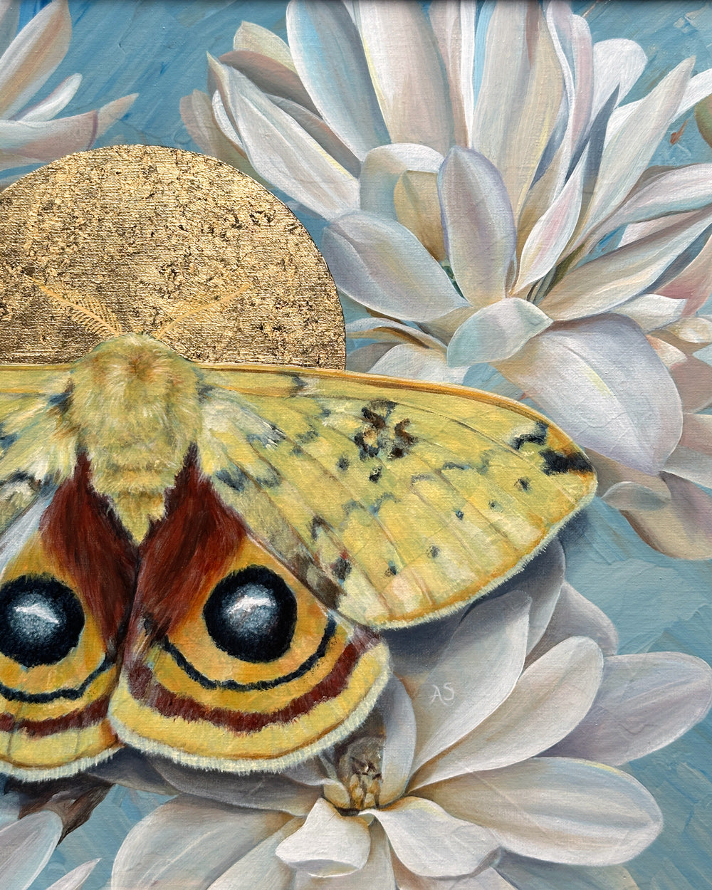 Yellow io moth and star magnolia painting with gold leaf detail