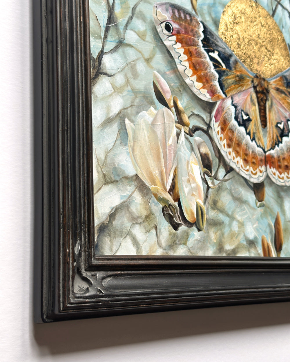 Reverberation tuliptree silkmoth magnolia painting black frame detail