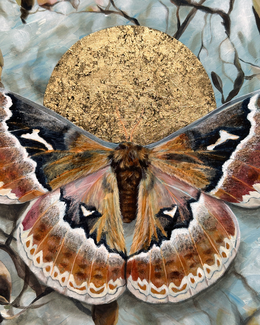 Reverberation tuliptree silkmoth magnolia painting with gold leaf detail