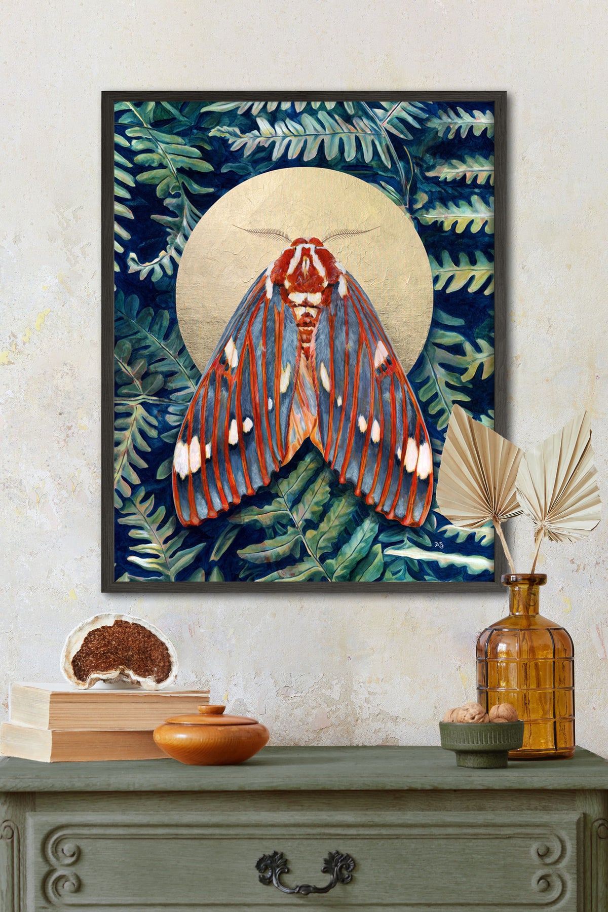 royal walnut moth art print hanging on wall