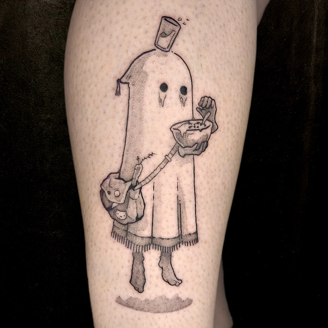 sad ghost illustrative tattoo by Vincent Li