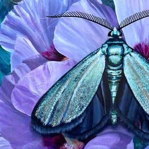 'Tranquility' satin green forester moth purple flower painting detail