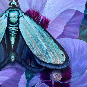 'Tranquility' satin green forester moth purple flower painting silver wing detail