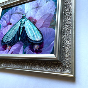 'Tranquility' satin green forester moth purple flower painting in silver frame detail