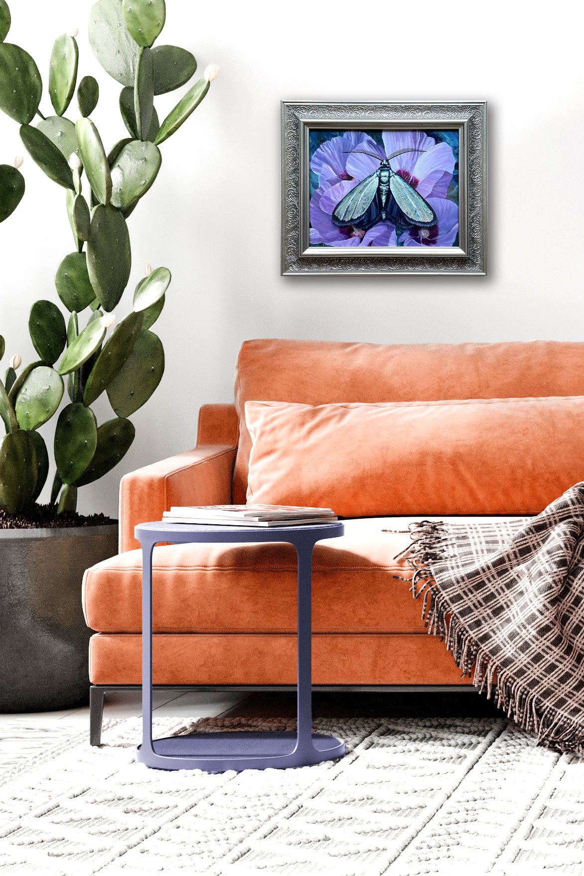 &#39;Tranquility&#39; satin green forester moth purple flower painting in silver frame on wall