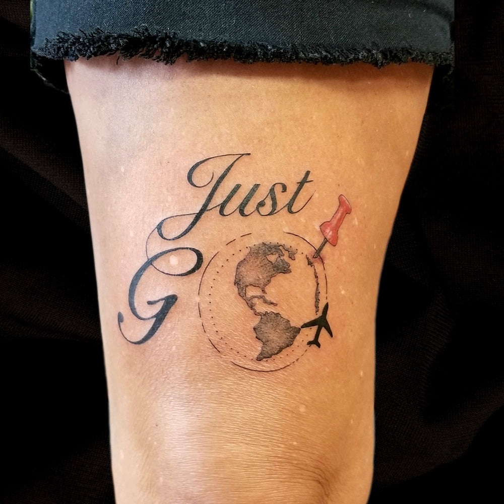 script travel tattoo by Lydia Pitts