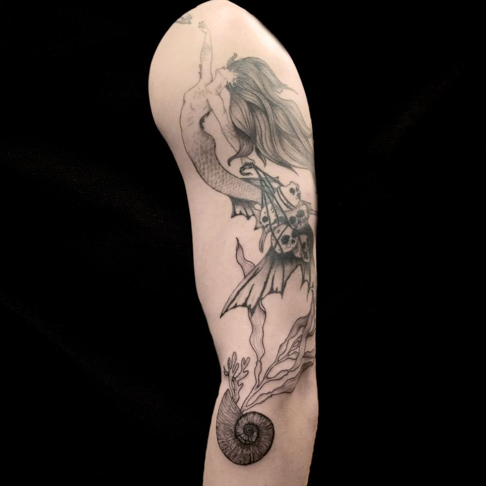 mermaid siren shell tattoo by Lydia Pitts