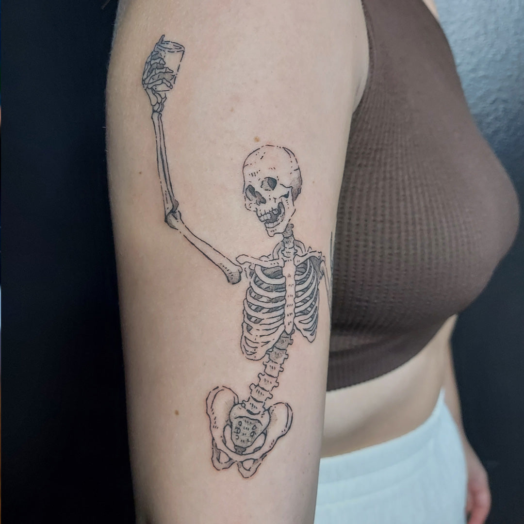 skeleton drinking tattoo by Vincent Li