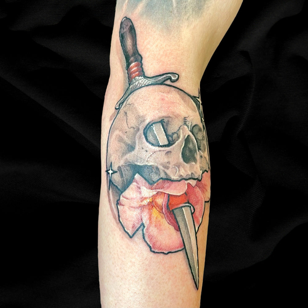 skull dagger rose color tattoo by Cass brown