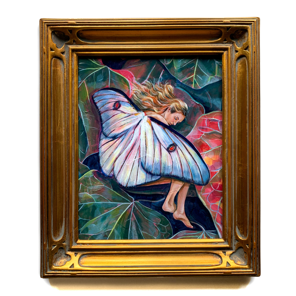 sleeping fairy painting in gold leaf frame