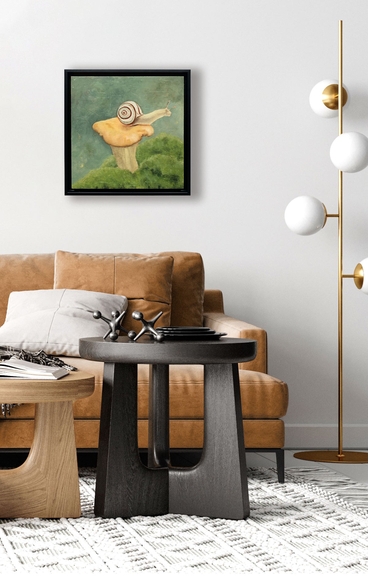 snail mushroom painting hanging on wall