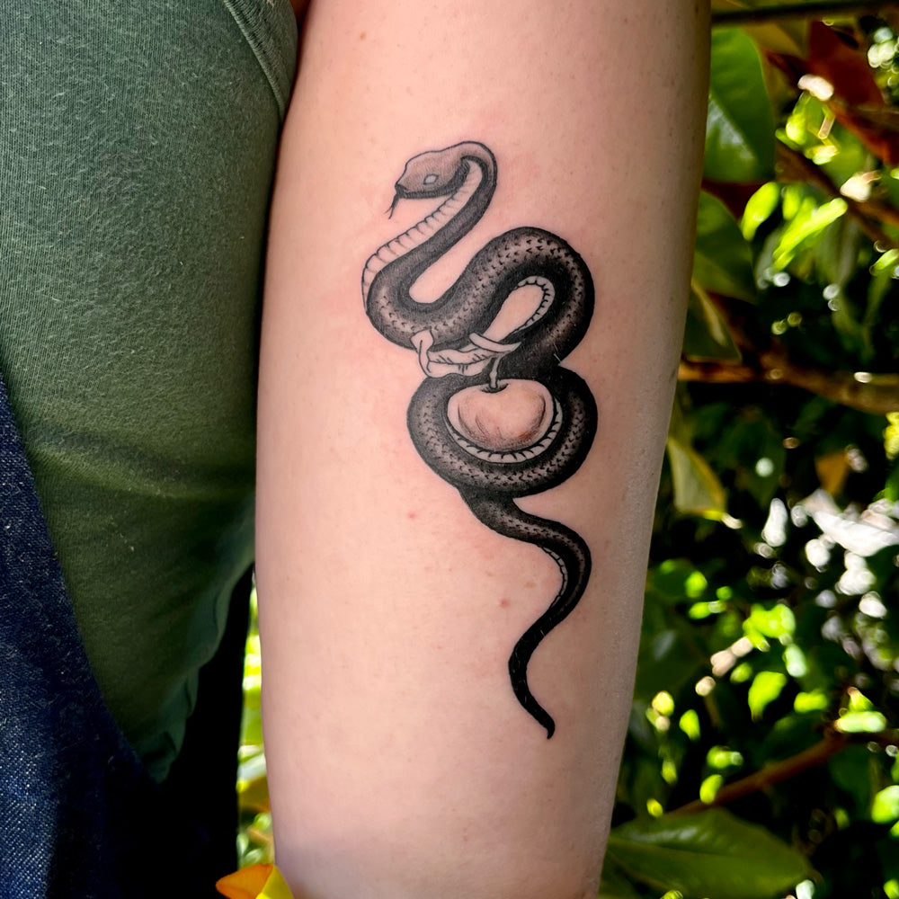 snake apple tattoo by Juniper Jack