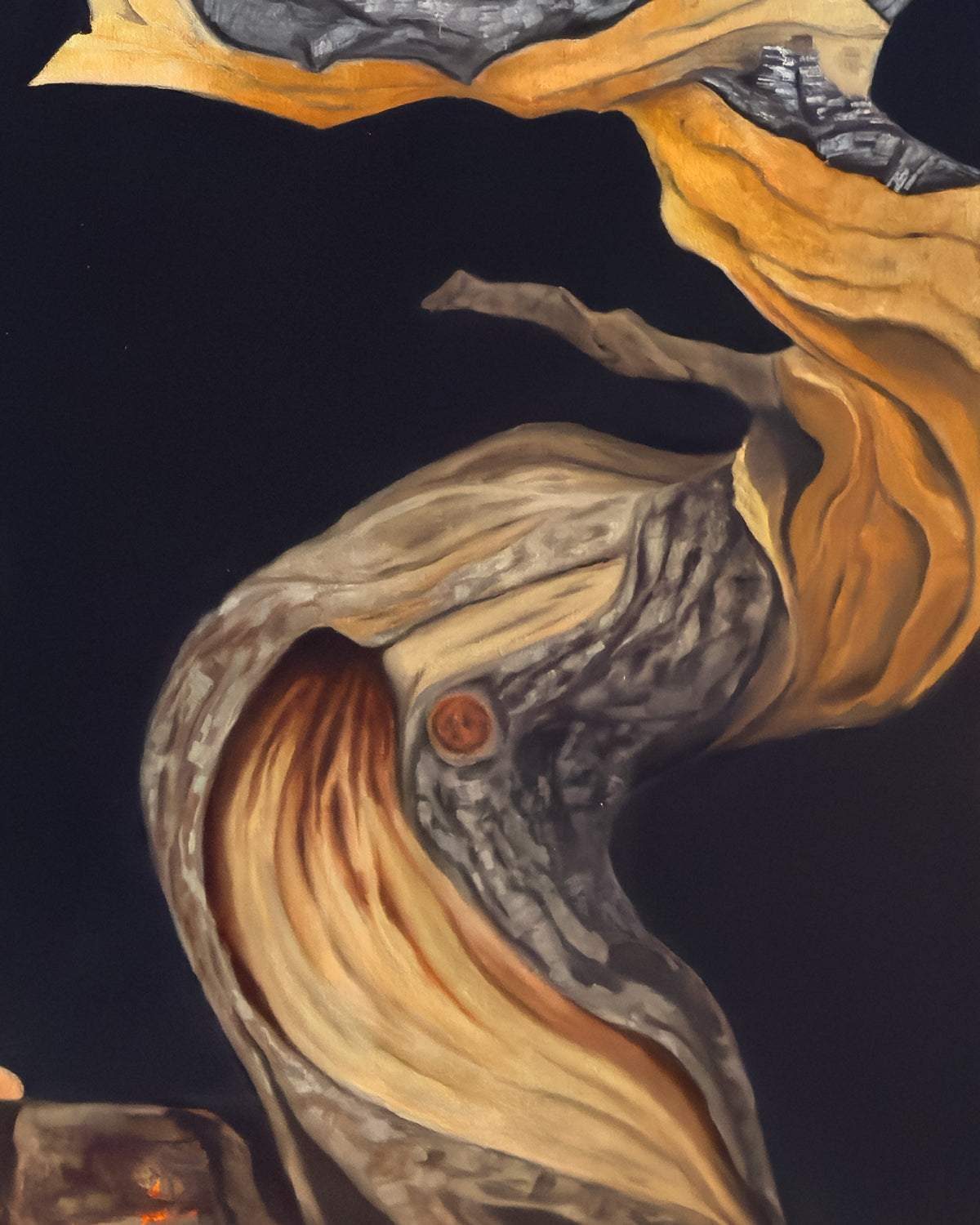 close-up of surreal oil painting of a tree with swirling patterns in brown, black, and orange on a dark background