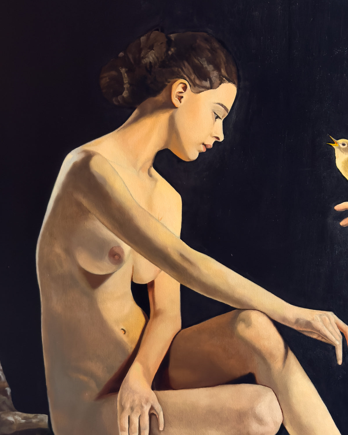 close-up figurative oil painting depiction of a nude woman interacting with a bird against a dark background