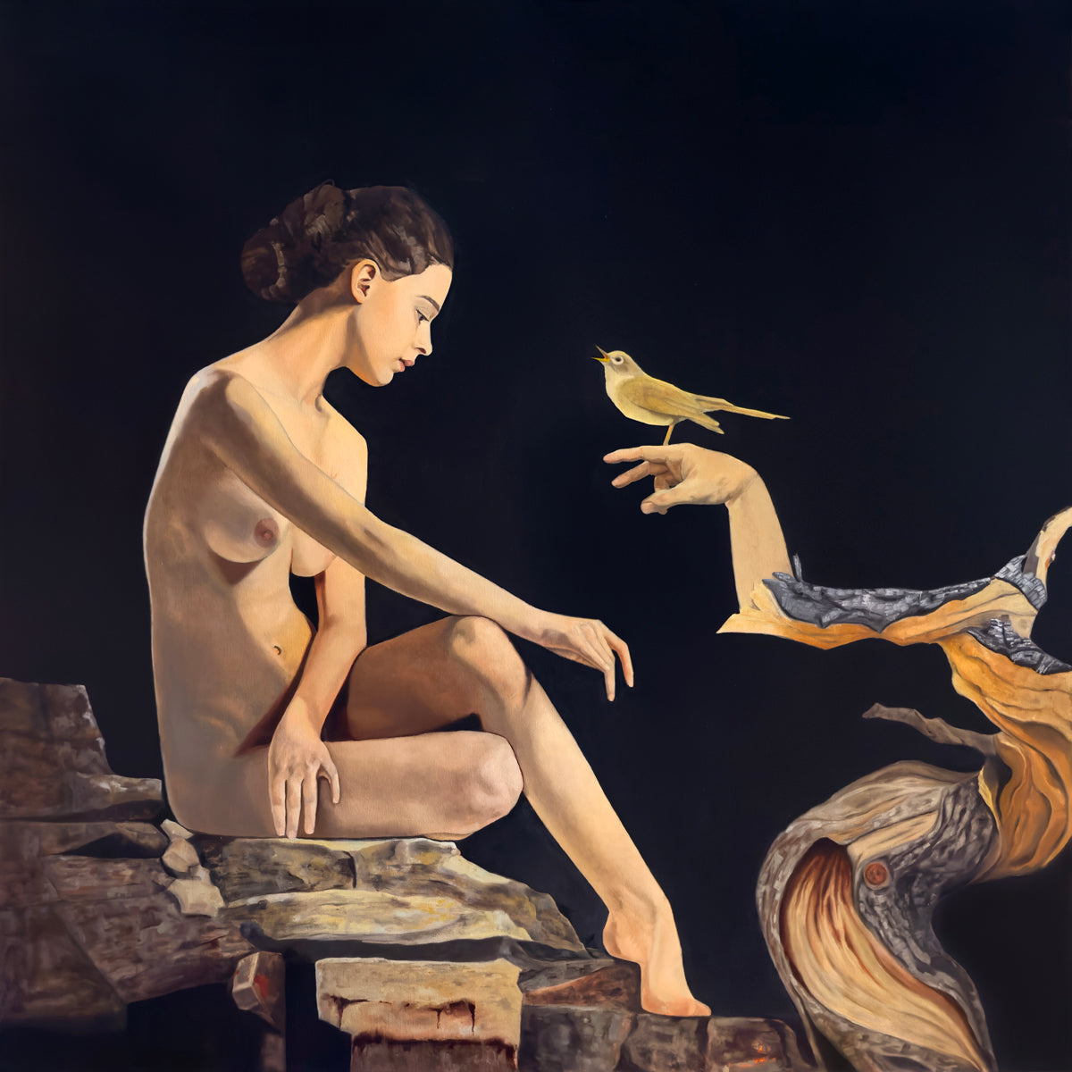 Figurative oil painting of a nude woman interacting with a bird on a dark background