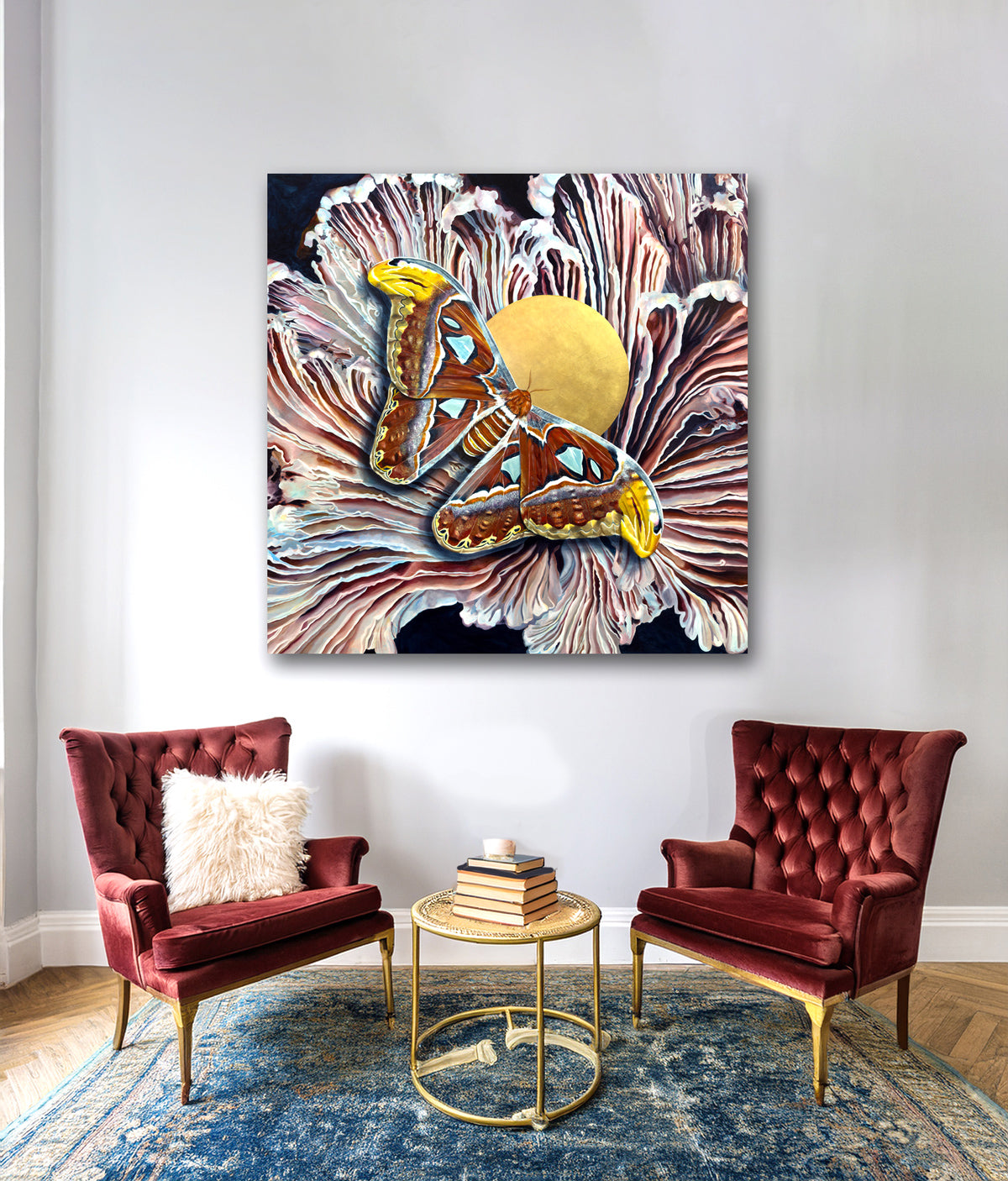 large square moth painting on wall