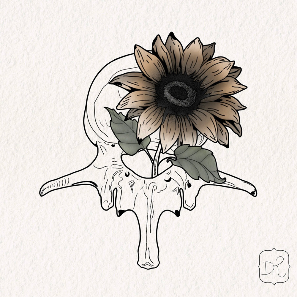 sunflower vertebrae tattoo design by Lydia Pitts 