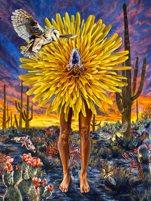 surreal dandelion desert art print manipura chakra solar plexus art featuring a yellow dandelion, amethyst, owl, and desert sunset