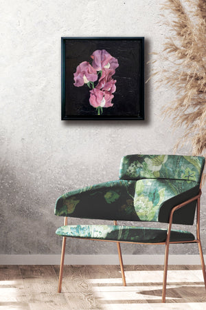 sweet pea flower painting in black float frame on wall