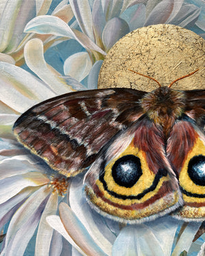 io moth with star magnolia and gold leaf painting detail