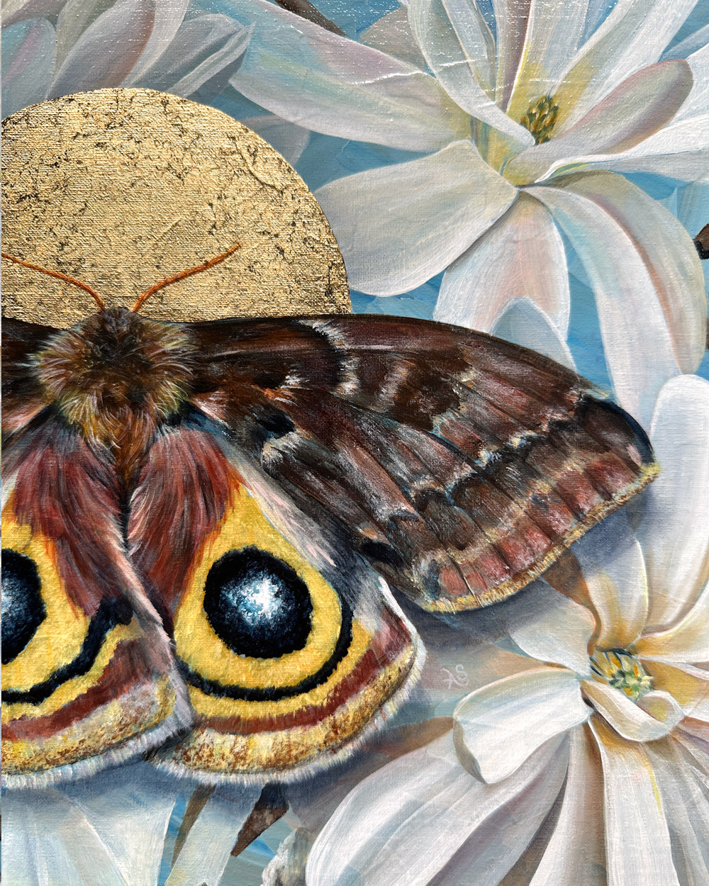 io moth with star magnolia and gold leaf painting detail