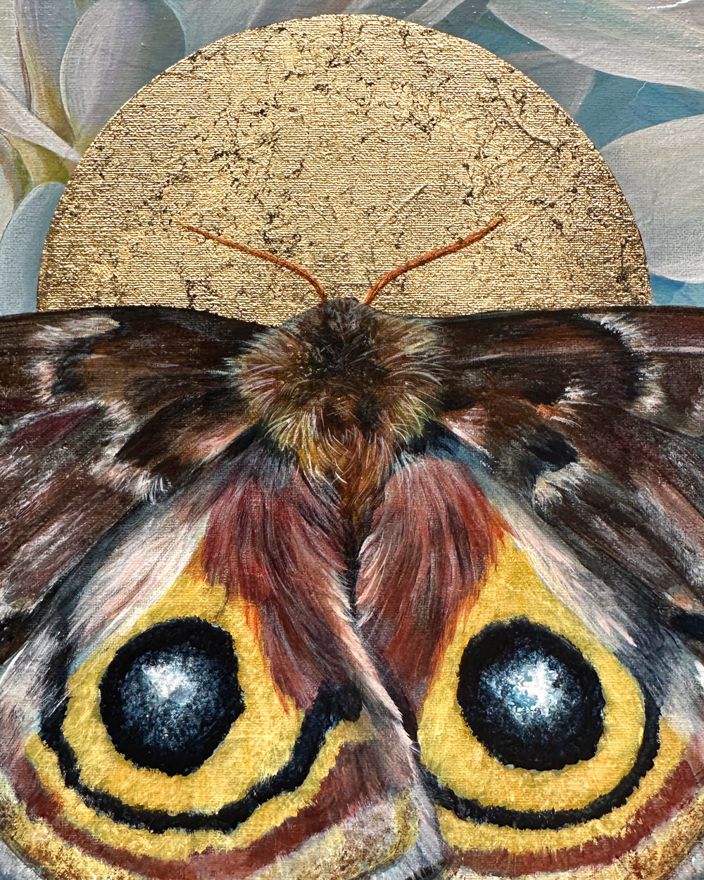 io moth with star magnolia and gold leaf painting detail