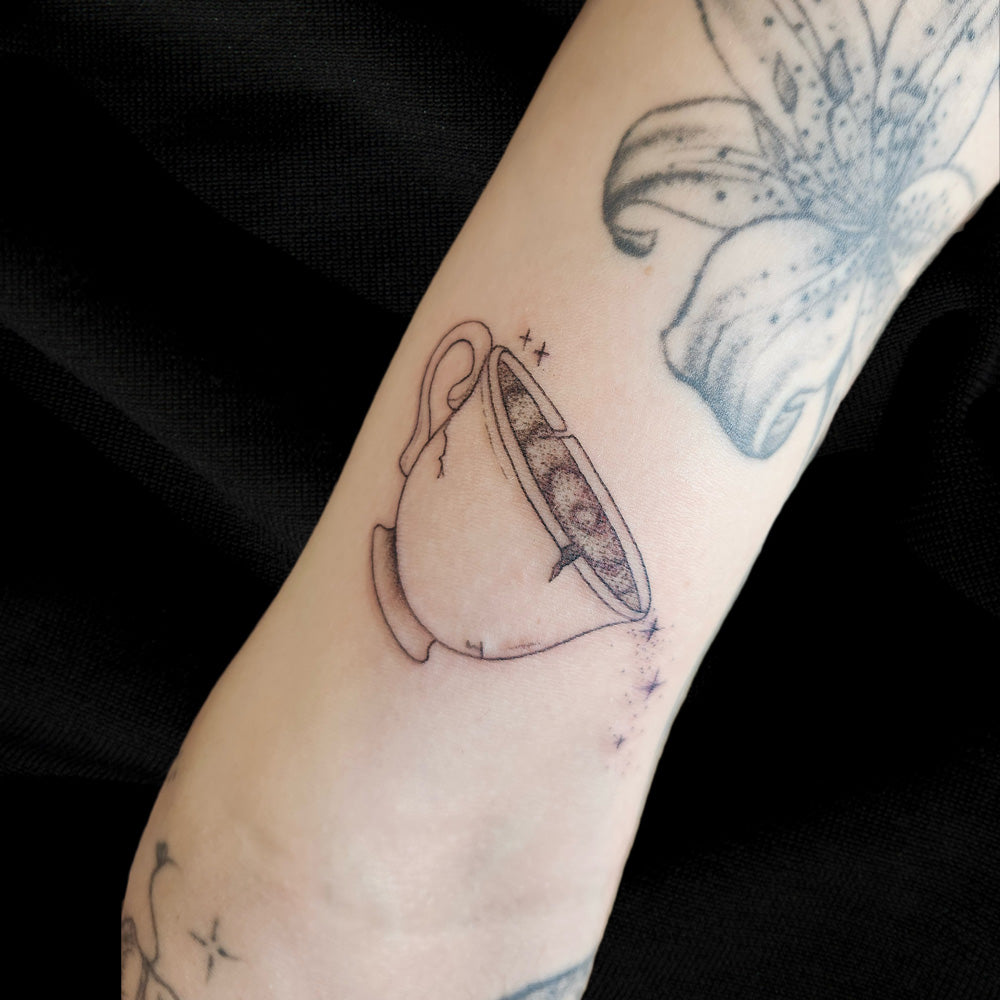 fine line teacup tattoo by Lydia Pitts