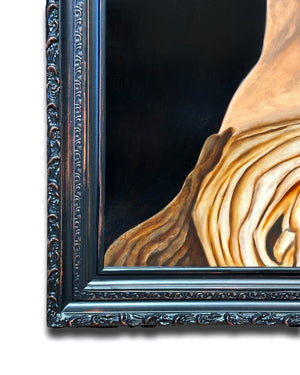 "The Heart Asks Return, Not Gold" Figurative Torso Oil Painting by Danny Gordo frame detail