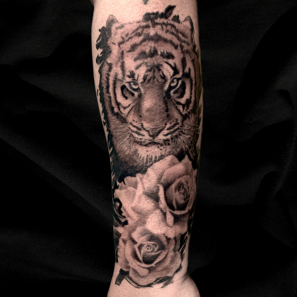 tiger rose tattoo by Danny Schreiber