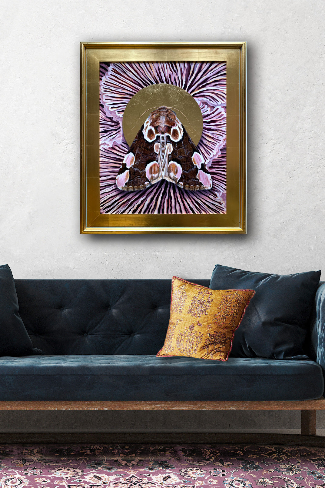 &#39;Together&#39; moth purple mushroom painting in wide gold leaf frame