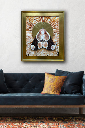 'Totality' neutral moth mushroom painting in large gold frame