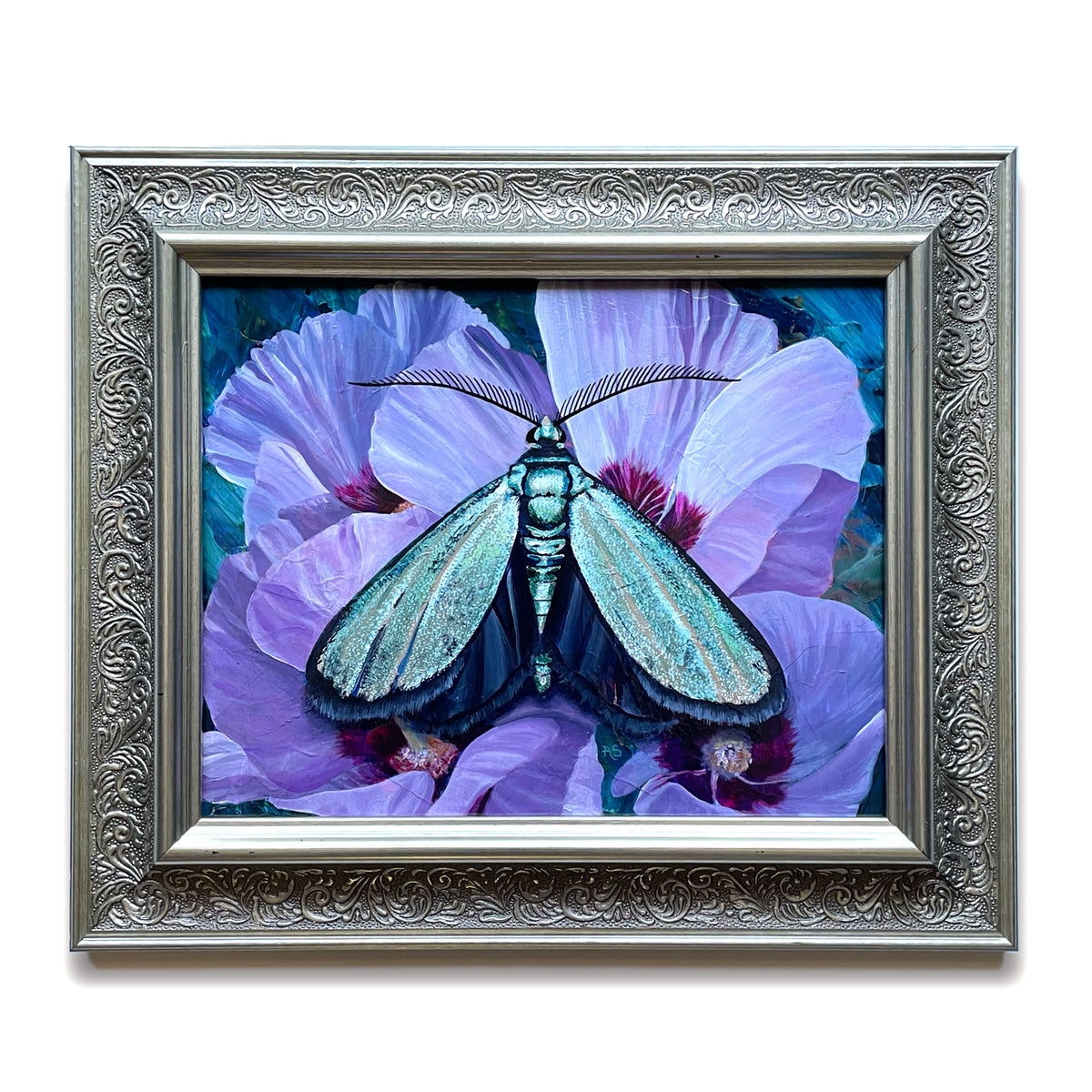 &#39;Tranquility&#39; satin green forester moth purple flower painting in silver frame