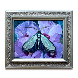 'Tranquility' satin green forester moth purple flower painting in silver frame