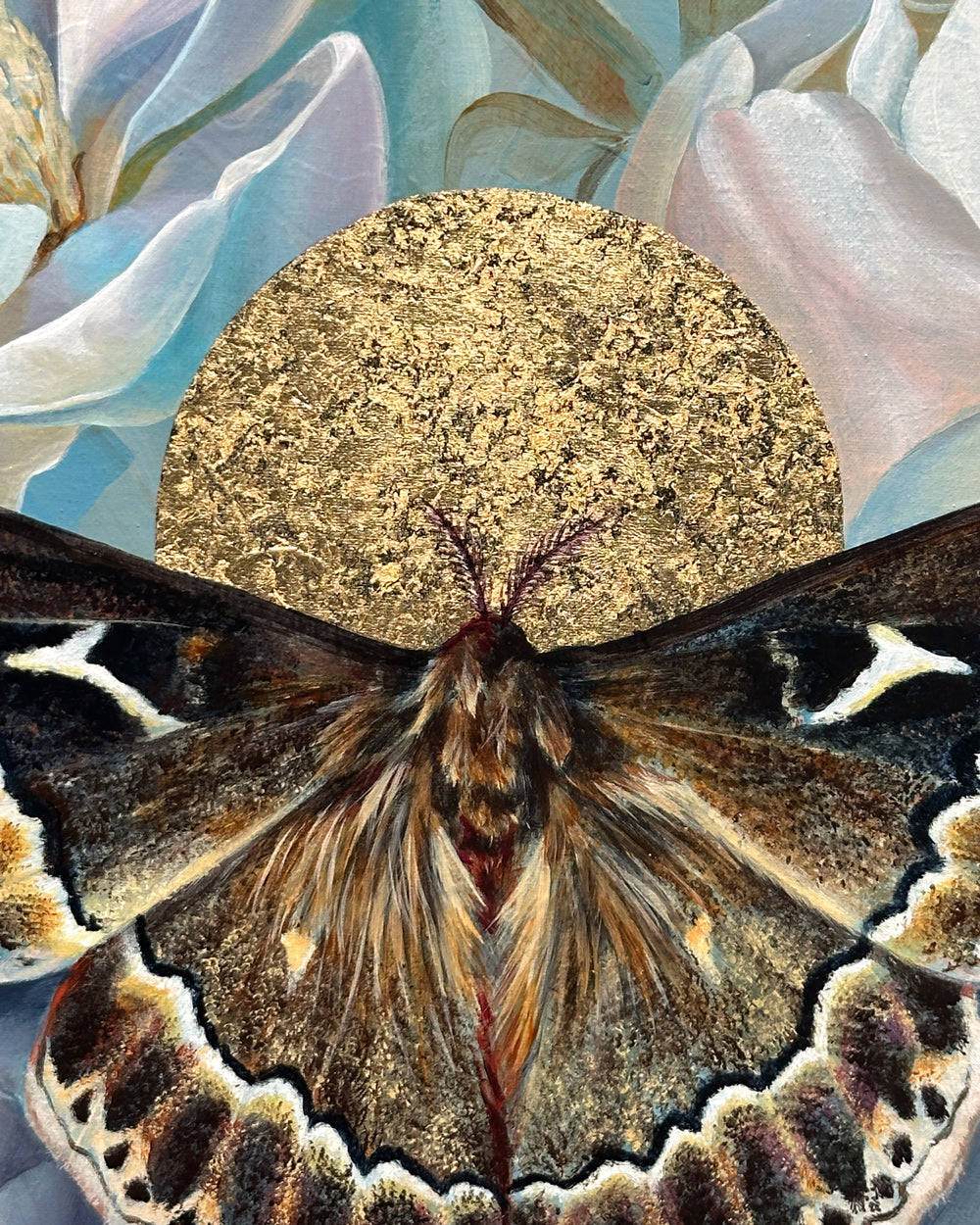 sweetbay silkmoth magnolia painting with gold leaf detail