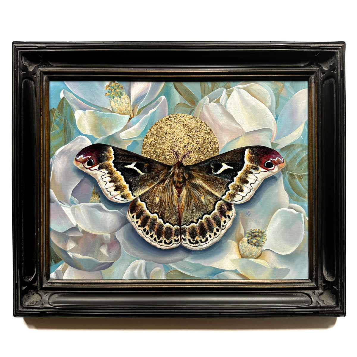 sweetbay silkmoth magnolia painting with gold leaf in black frame